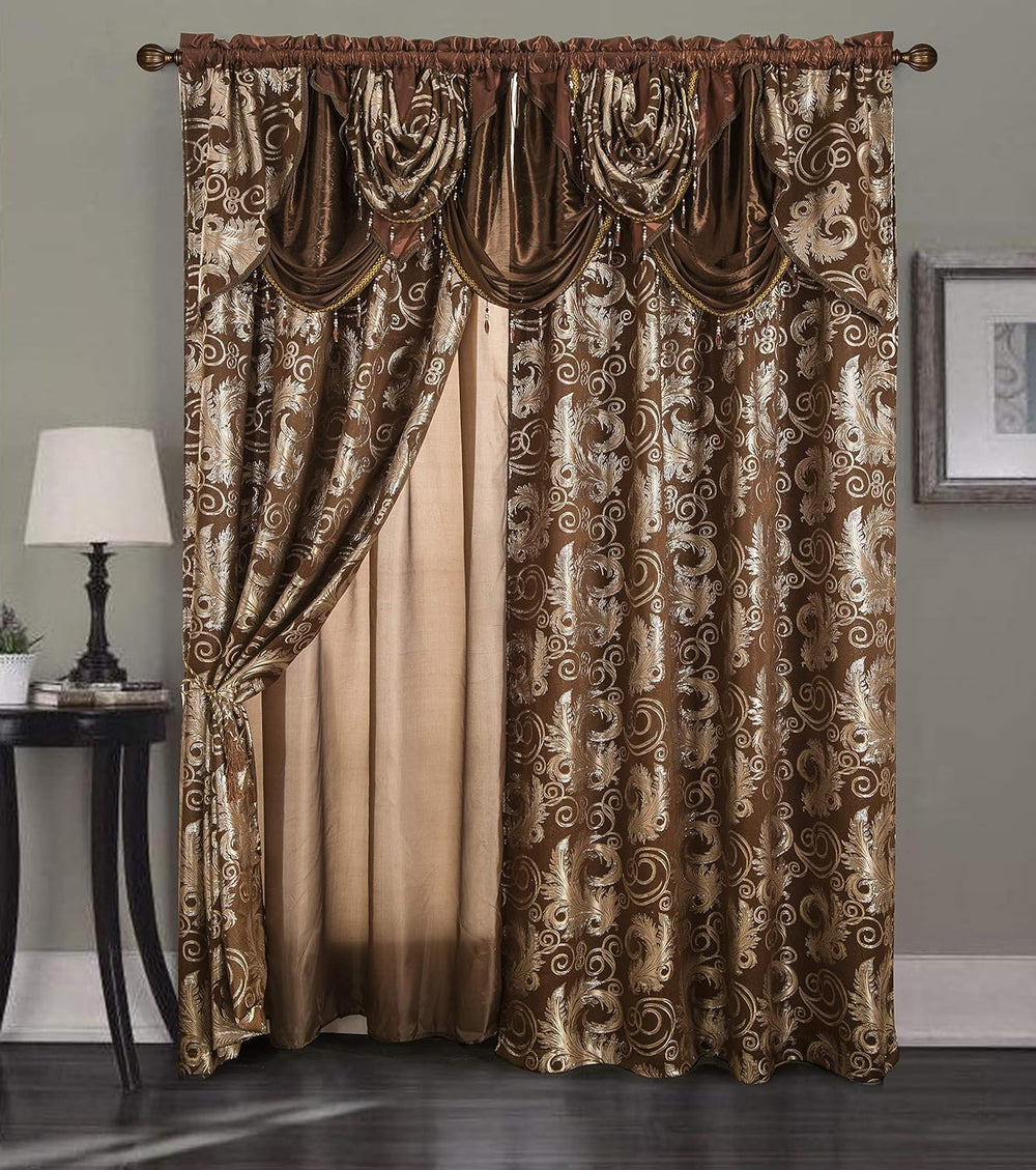GLORY RUGS Jacquard Luxury Window 2 Panel Set Brown Curtain with Attached Val...