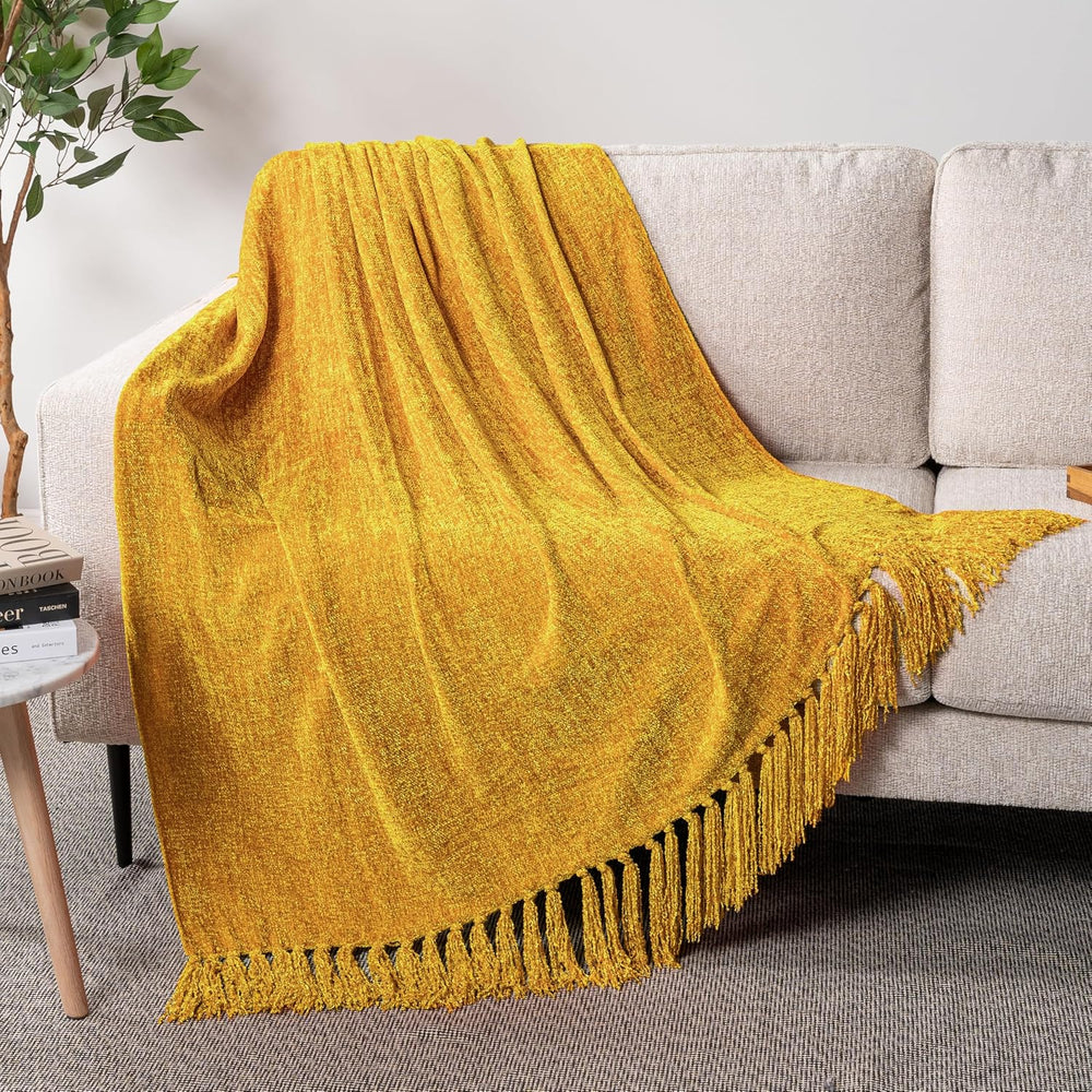 PAVILIA Chenille Throw Blanket, Knit Twin Size Tassel Throw, Yellow 60x80