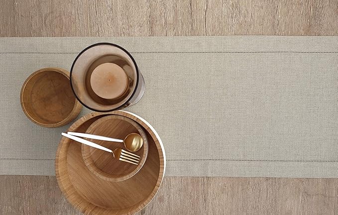 Solino Home Linen Natural Table Runner 48 Inches - Classic Hemstitch, 100% Pu...