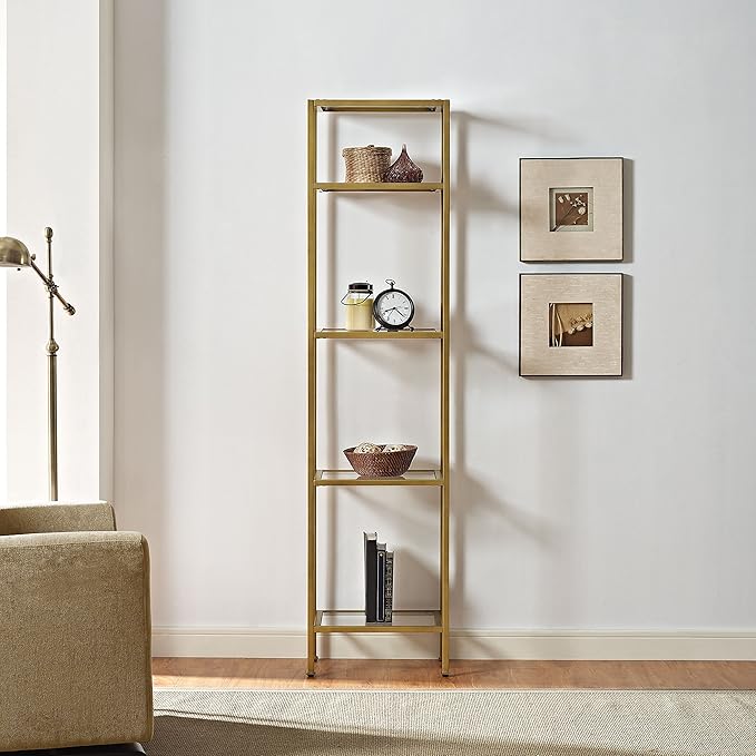 Crosley Furniture Aimee Narrow Bookshelf with Glass Shelves, Bookcase Storage, Gold and Glass