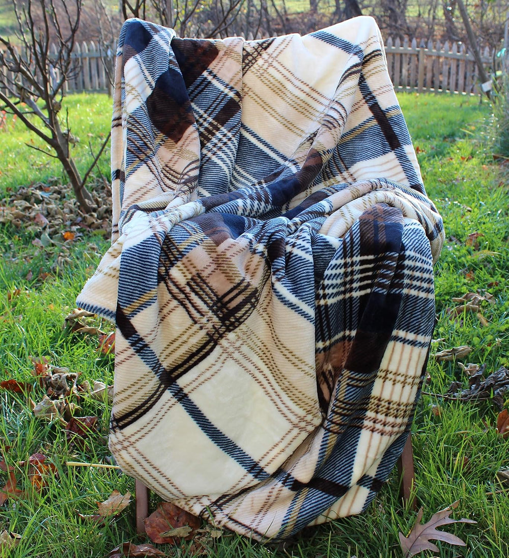 Tache Winter Cabin Blue Tan Farmhouse Super Soft Micro Fleece Tartan Plaid Pl...