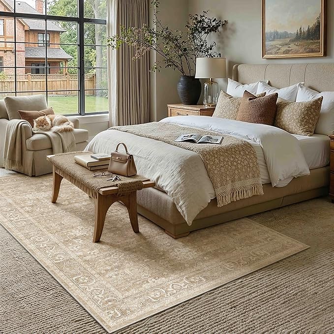 6x9 Washable Area Rug for Living Room Bedroom Vintage Beige Carpet Soft Low - Image 3