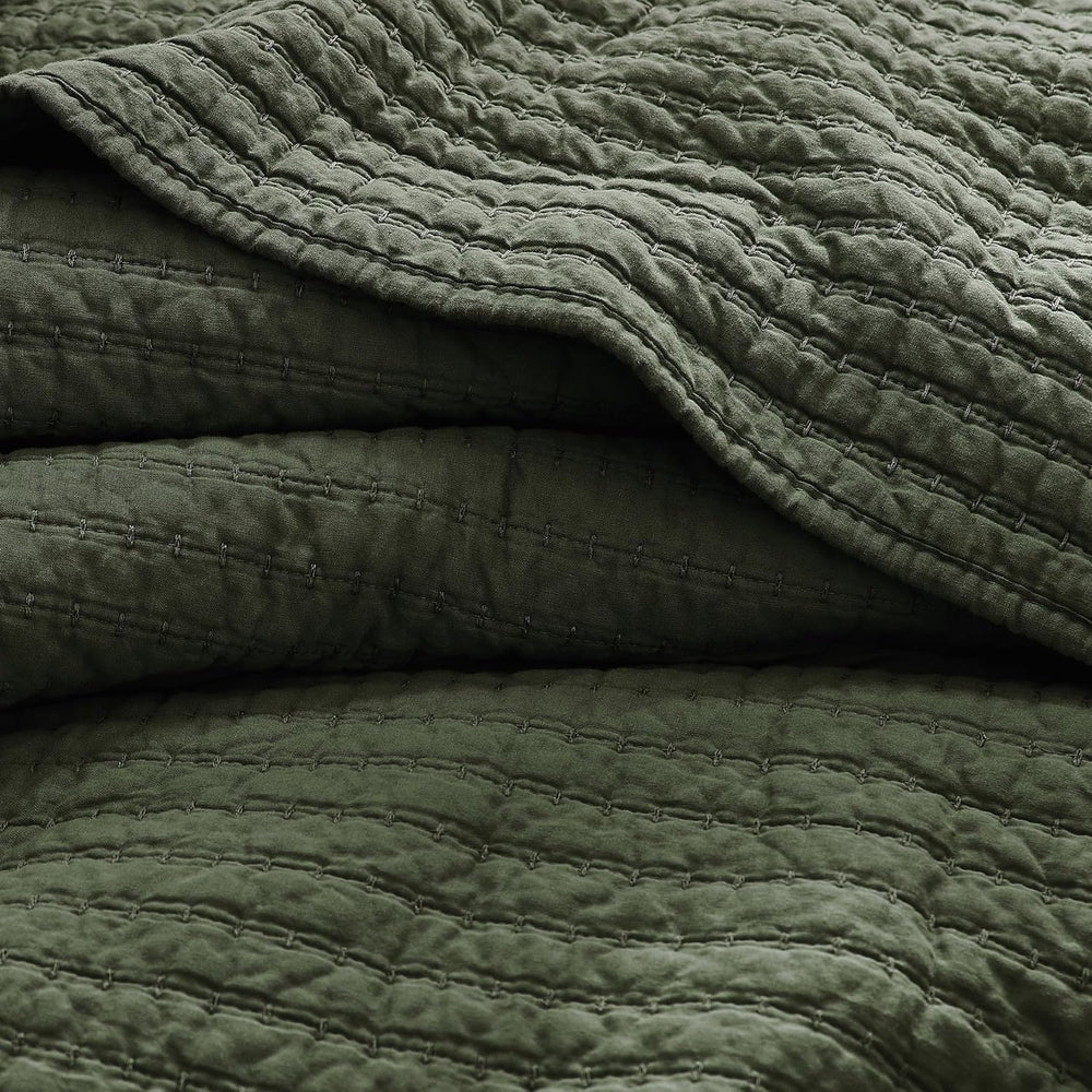 WDCOZY 100% Cotton King Size Quilt Set, Channel Pick Stitch, Olive Green