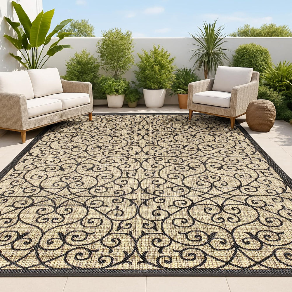 JONATHAN Y Vintage Filigree Indoor Outdoor Area Rug 8X10 Black/Khaki, Madrid ...