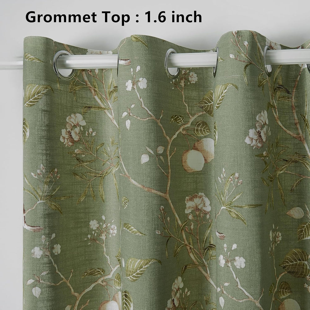 Vintage Bird Curtain Green Floral Print Grommet Linen Blend W55 X L84 Inch