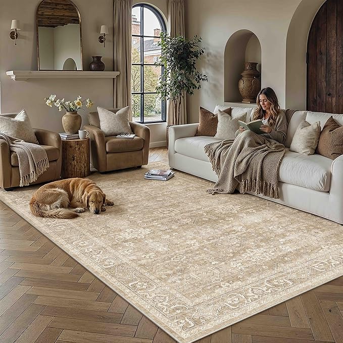 6x9 Washable Area Rug for Living Room Bedroom Vintage Beige Carpet Soft Low by WondRg