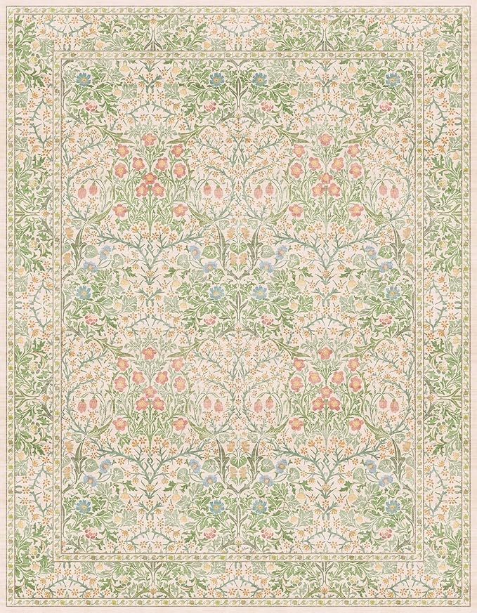 Hazo Haus Light Beige Green Floral Living Room Rug, 7x9 Washable Area Rug - Image 2