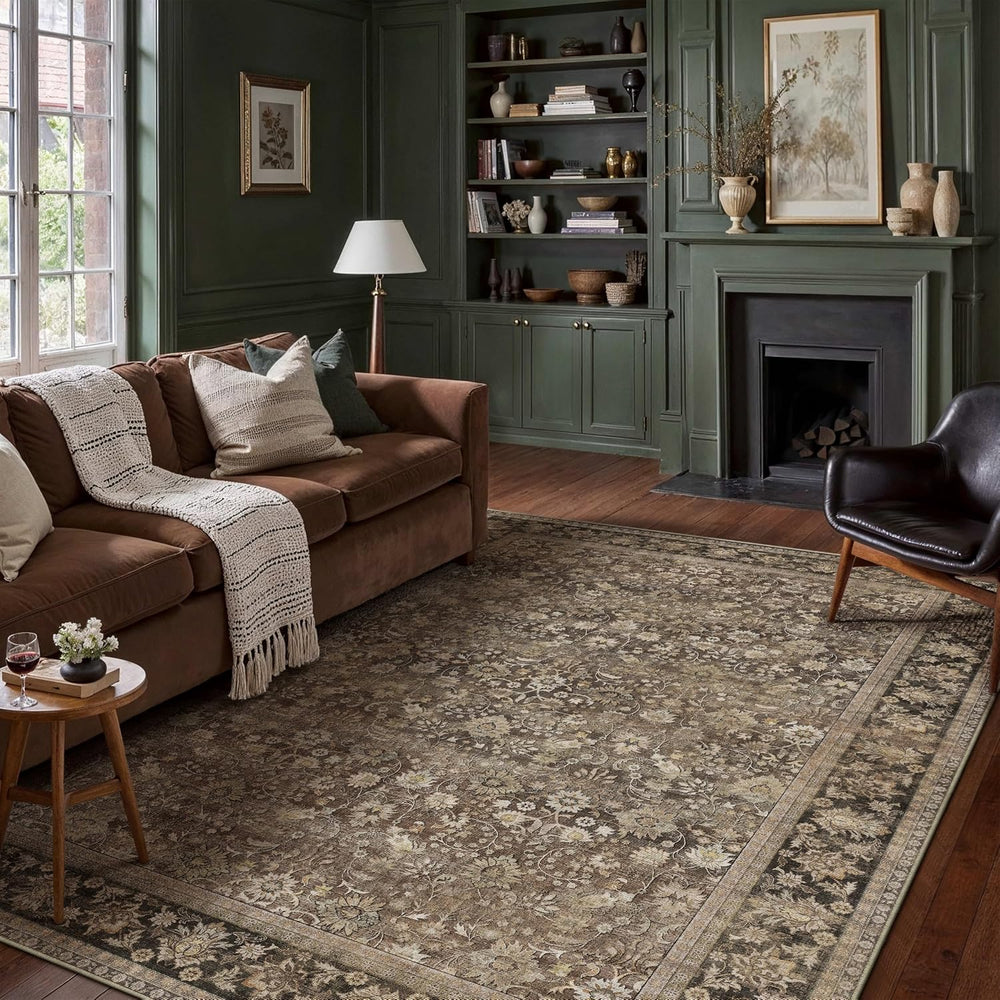 HUGEAR 8x10 Brown Vintage Floral Washable Area Rug for Living Room