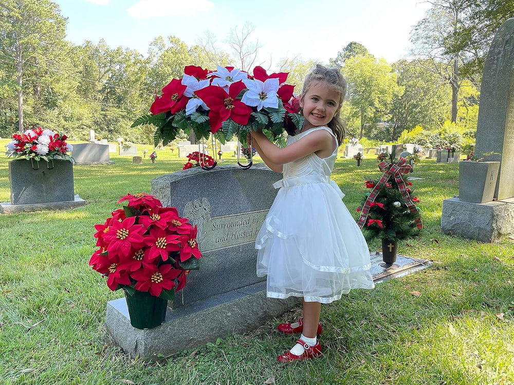 Sympathy Silks 30-Inch Christmas Headstone Saddle, Red & White Poinsettias