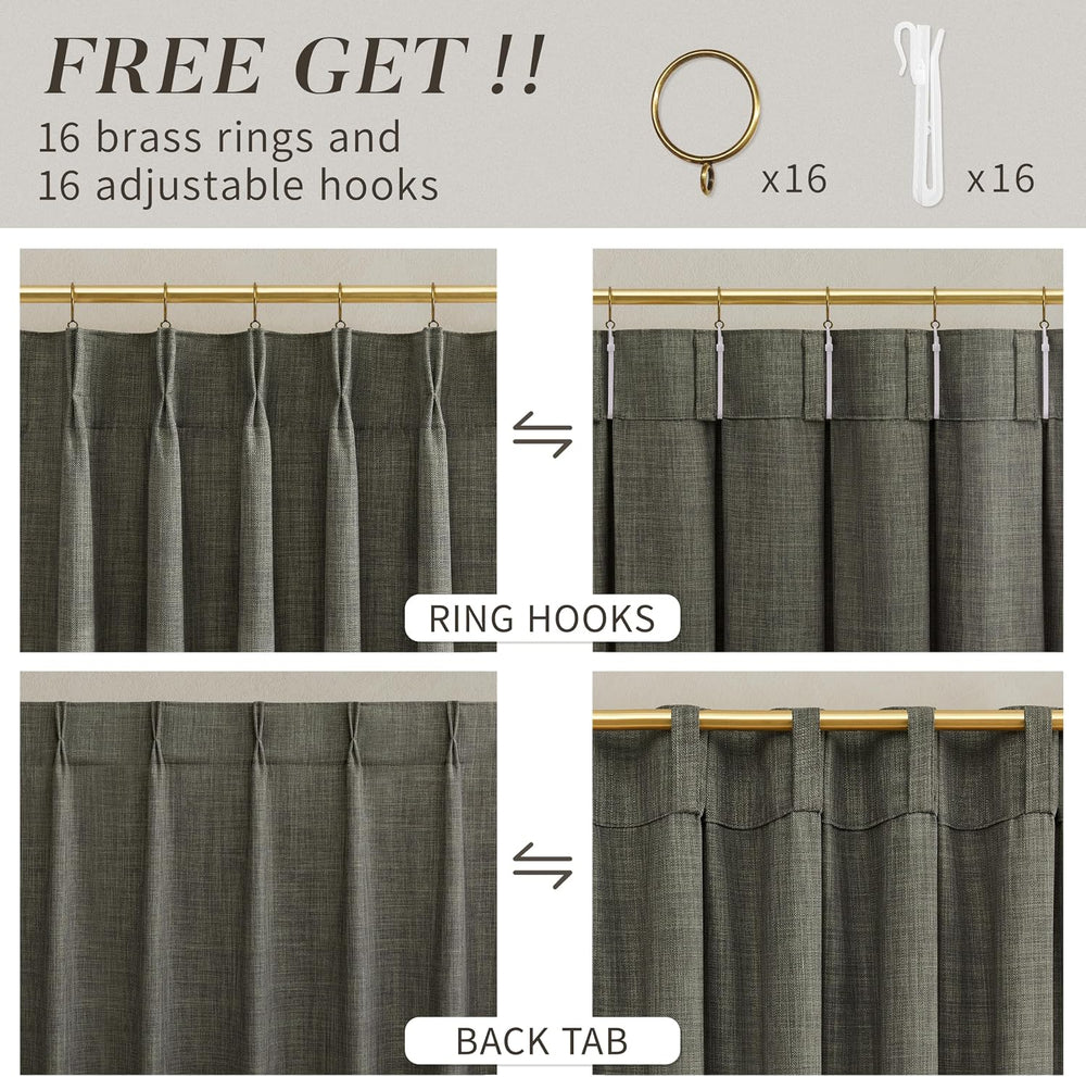 Pinch Pleated Linen Curtains 96 Inches Extra Long Olive Green Drapes, Thick L...