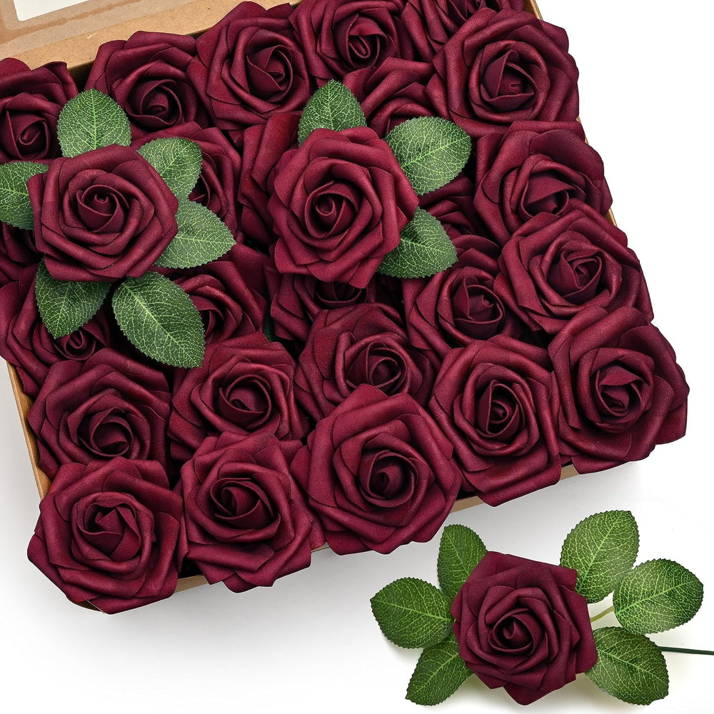 Mocoosy 50Pcs Burgundy Roses Artificial Flowers, Burgundy Fake Rose for Decor...