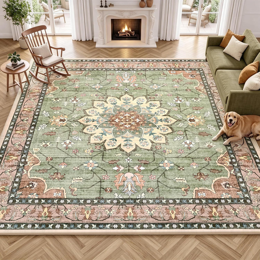 10x10 Washable Area Rug, Large Vintage Distressed Medallion Rugs