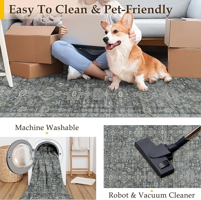 8x10 Washable Area Rug for Living Room Bedroom Vintage Black Grey Non Slip - Image 5