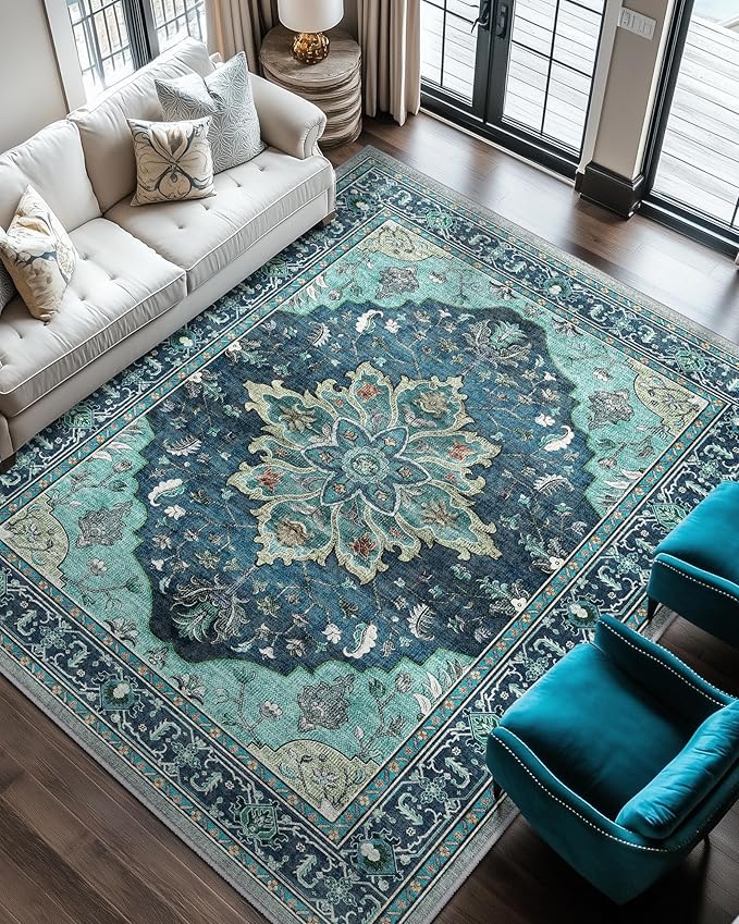 Area Rugs 6'x9' Washable Non-Slip, Floral Vintage Distress Print Pattern - Image 5