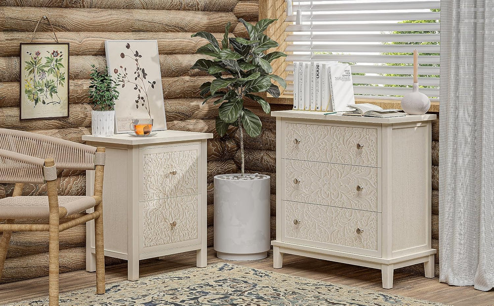 COZAYH 3-Drawer Fully-Assembled Flower Motif Dresser, Set of 2 Nightstand for...