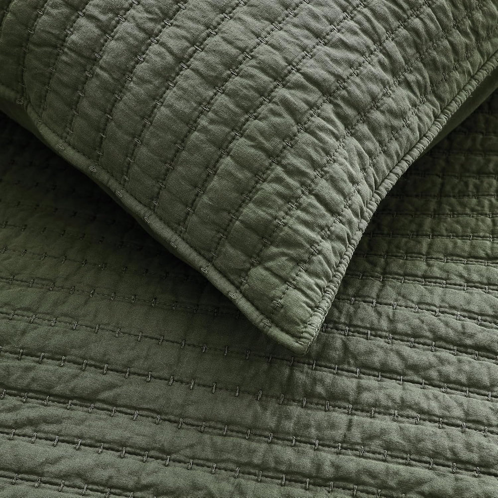 WDCOZY 100% Cotton King Size Quilt Set, Channel Pick Stitch, Olive Green