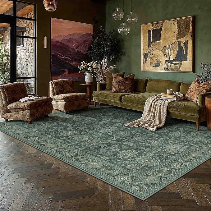 5x7 Washable Area Rug for Living Room Bedroom Vintage Green Soft Low Pile by WondRg