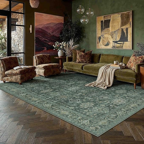 5x7 Washable Area Rug for Living Room Bedroom Vintage Green Soft Low Pile by WondRg