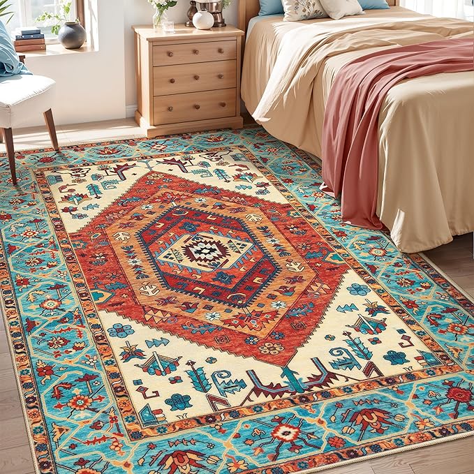 SERISSA 4x6 Boho Bedroom Rug, Washable Non Slip Vintage Orange Area Rugs by SERISSAHomeDecorCollection