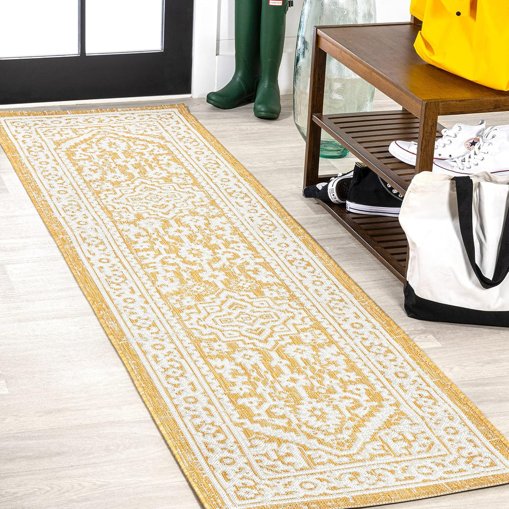 JONATHAN Y Medallion Weave Indoor Outdoor Runner Rug 2X8 Yellow/Cream, Sinjur...