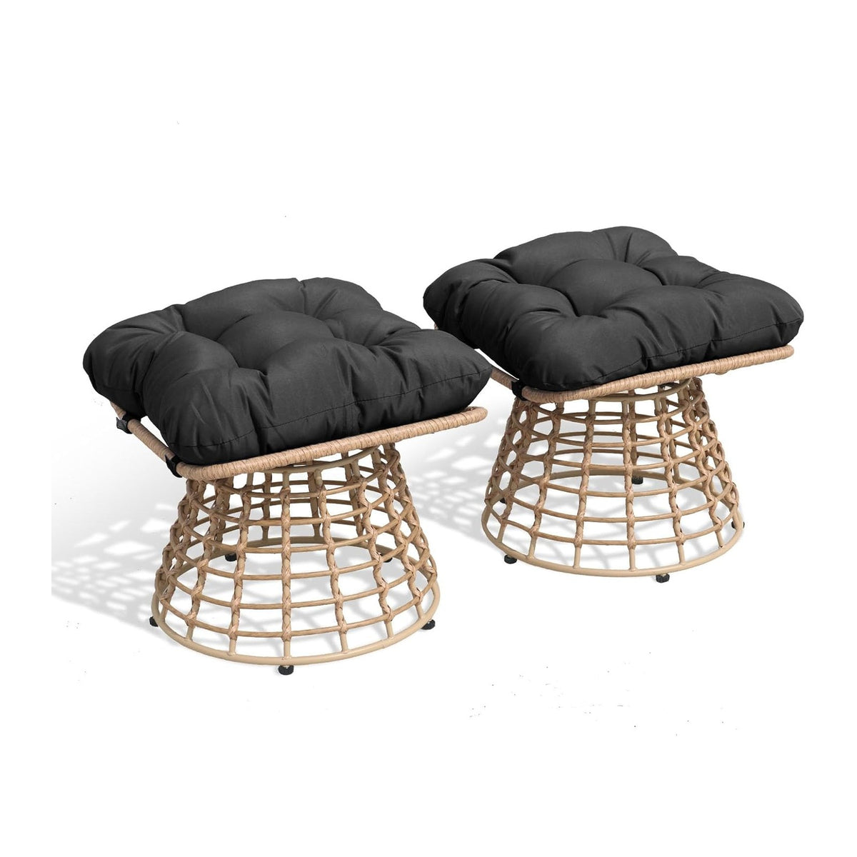 2 Pieces Swivel Outdoor Ottomans for Patio Foot Rest, PE Rattan Wicker Ottoman with Cushions, Outdoor Footstool Footrest Seat, for Patio, Garden, Poolside (2 Piece Ottoman Black)