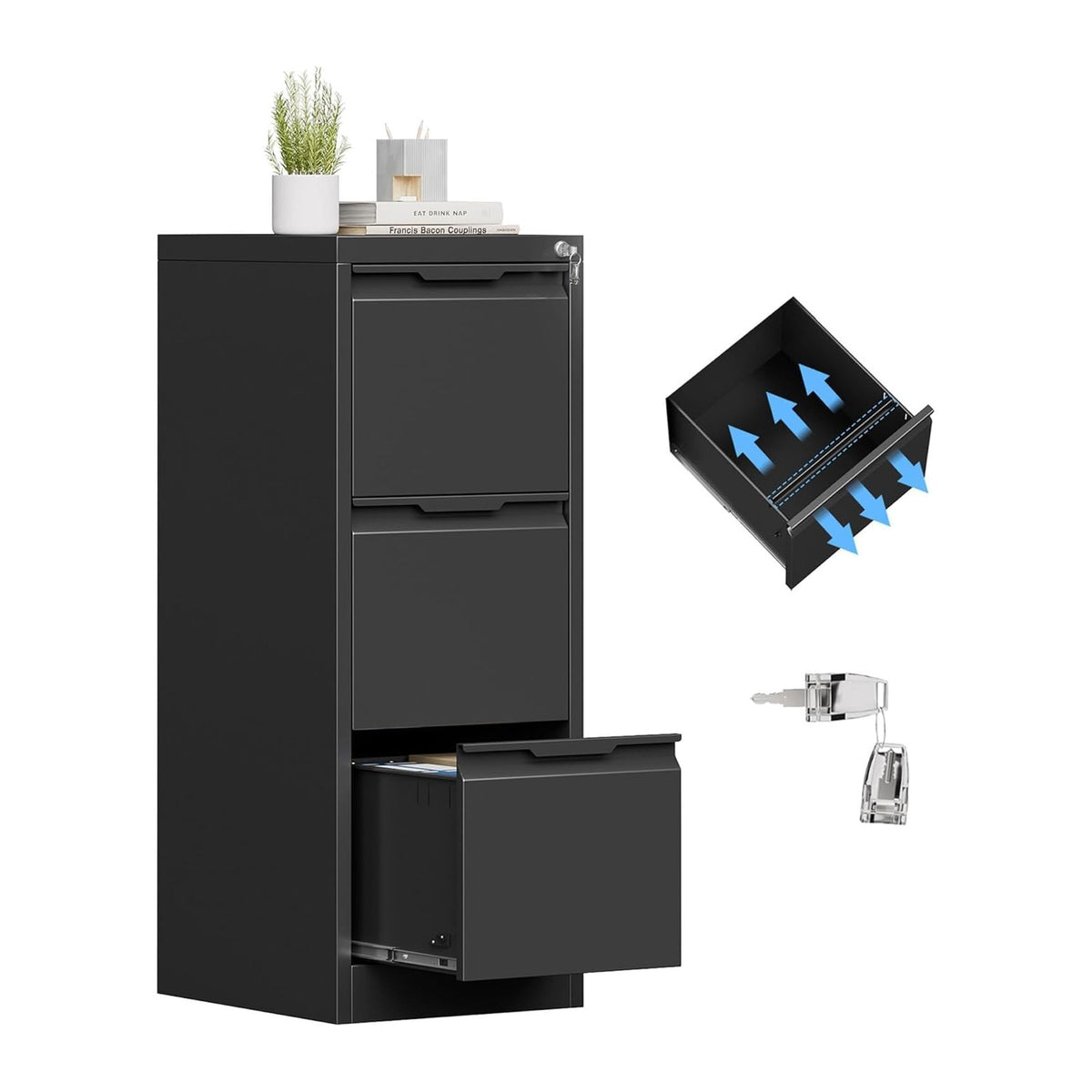 3 Drawer Metal Vertical File Cabinet with Lock for Home Office | 17.8"D x 15"W x 38.4"H,Small Under Desk Cabinet,Adjustable Hanging Bar,Fits 4A/Legal/Letter Size File,Easy Assembly,Black