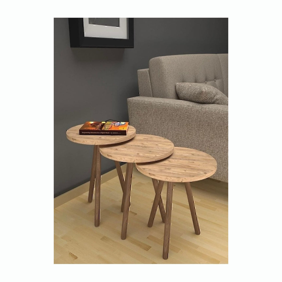 3 Piece Round Nesting Side Table Set - Hobistan Modern Style Wood Legs Coffee & Display Table - Atlantic Pine Wood Top - 13.4 x 13.4 x 19.3 in (Largest) - Versatile Home Decor - Atlantik Çam