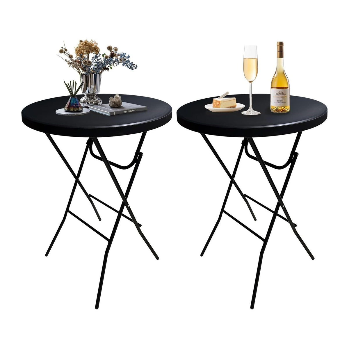 32in Cocktail Table, Folding Round High Top Indoor Outdoor Use, Foldable Bar Height Table for Parties and Commercial Events (Black, 2 Pcs)