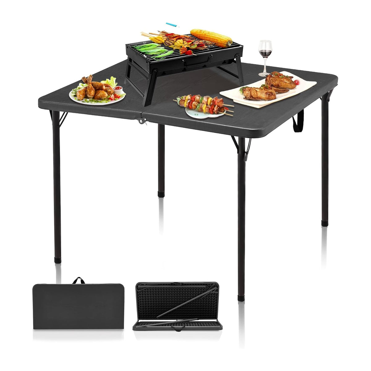 34" Folding Table, Portable Square Camping Card Table with Collapsible Legs & Carrying Handle, Plastic Tables for Outdoor Cooking,Camping,Picnic, Office, Party, Grey