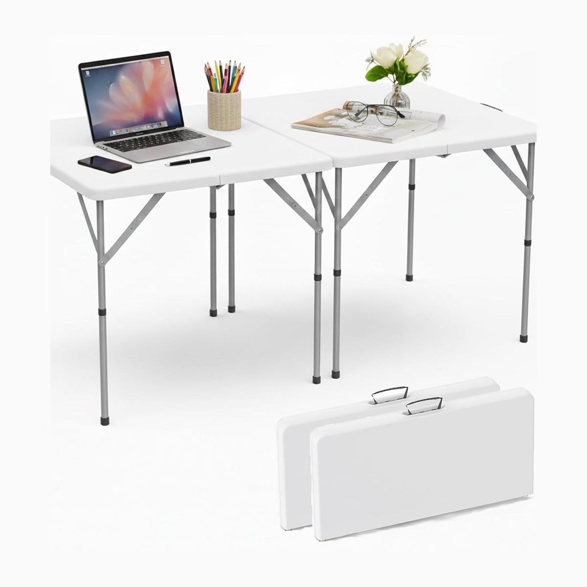34'' Square Folding Card Table 2 Pcs,Dining Table with Handle & Safety Lock | Fold-in-Half, Portable, Heavy Duty HDPE, Foldable Plastic Table for Camping Picnic Party Event, White