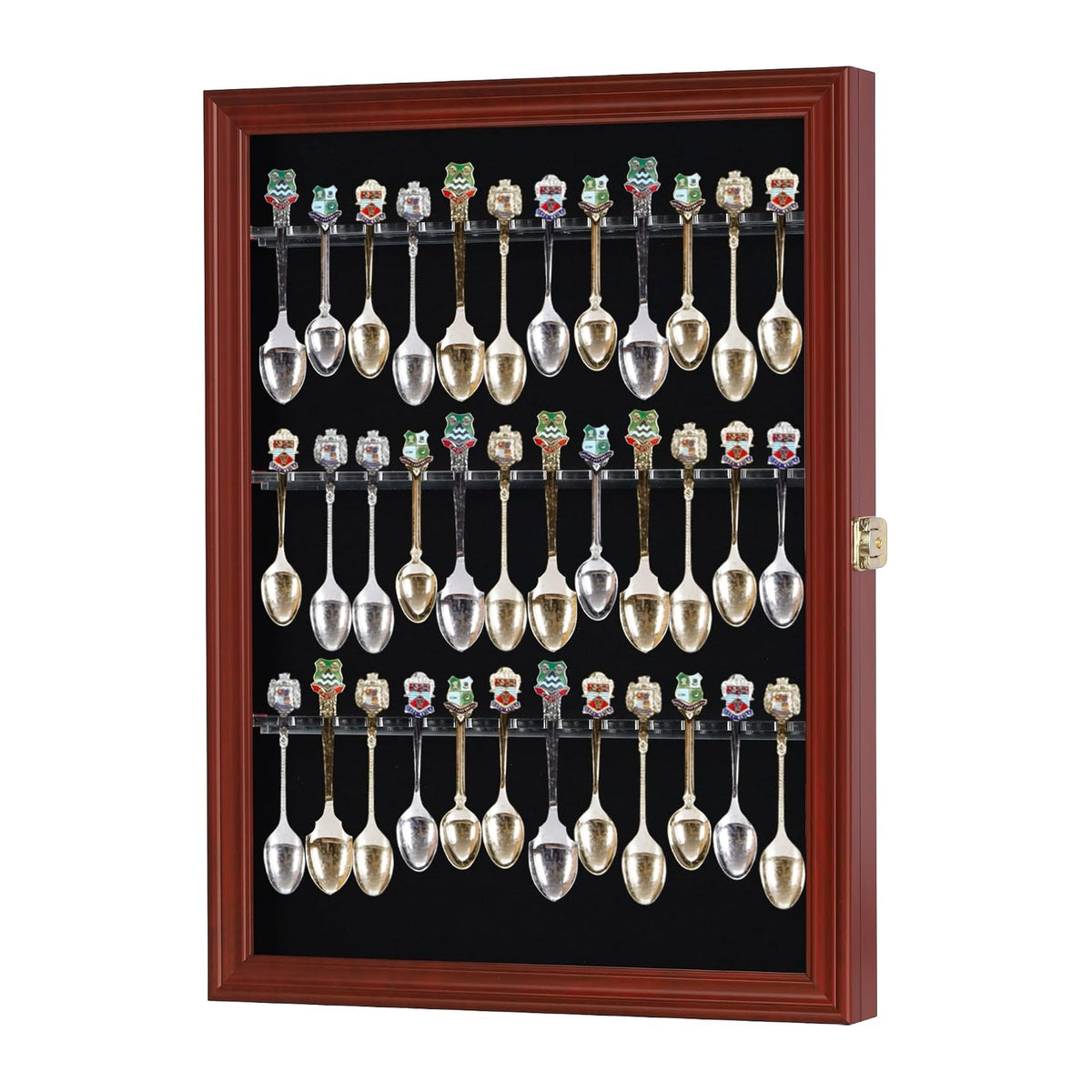 36 Souvenir Tea Spoon Display Case Rack Wall Mountable Cabinet Frame with Lockable Door Mahogany Finish