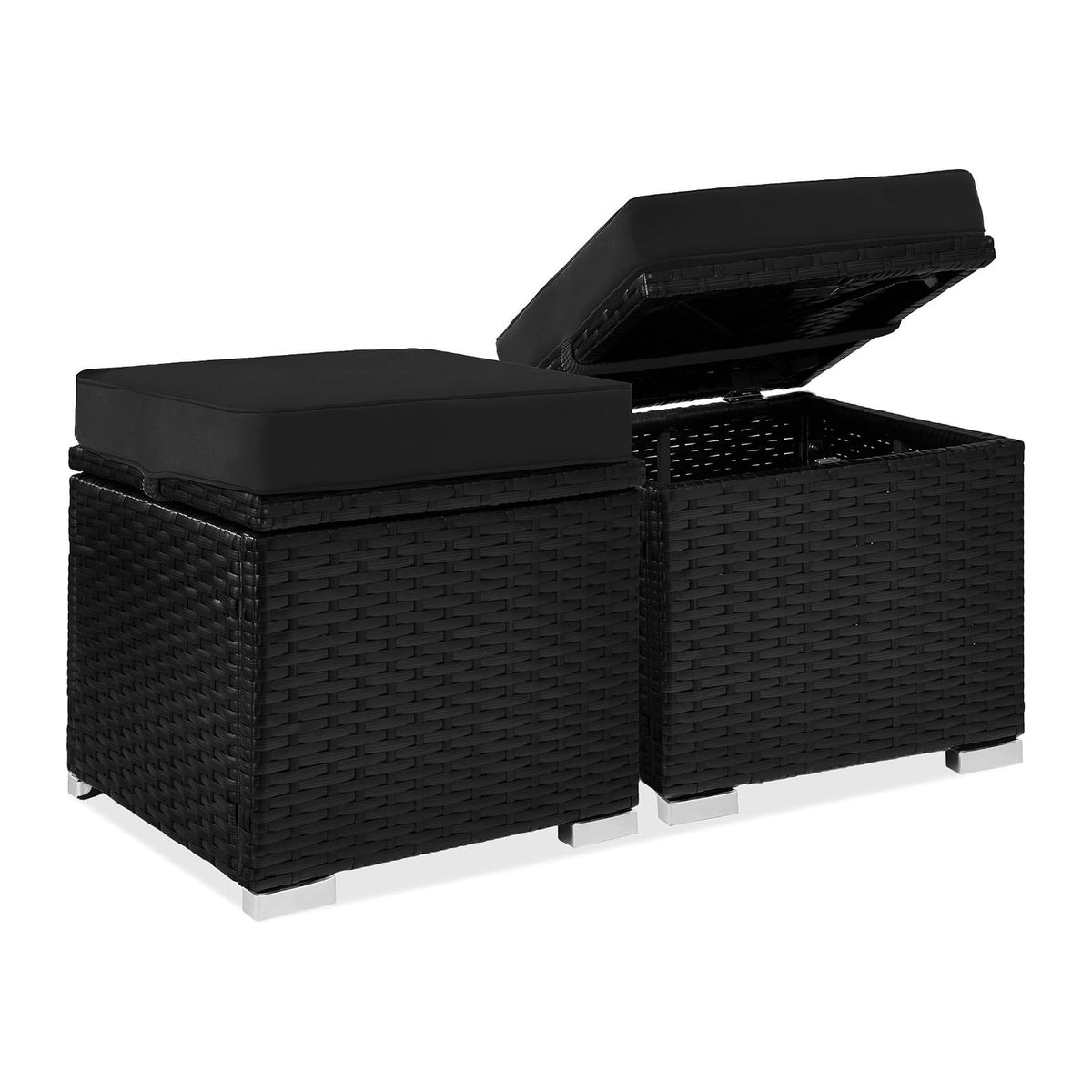 Best Choice Products Set of 2 Wicker Ottomans, Multipurpose Outdoor Furniture for Patio, Backyard, Additional Seating, Footrest, Side Table w/Storage, Removable Cushions - Black/Black