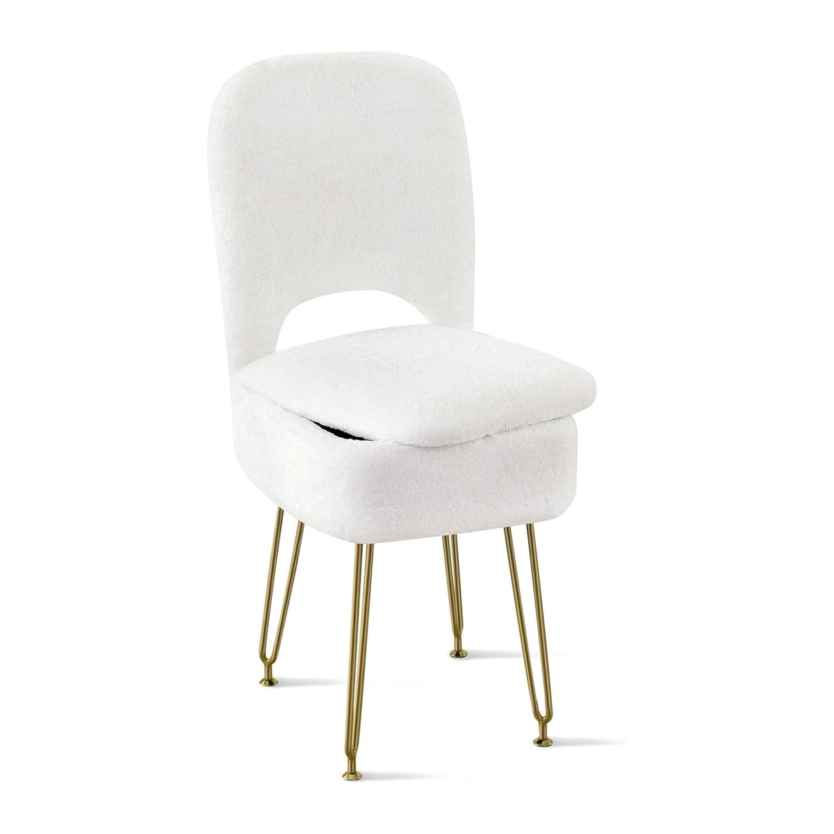 BRIAN & DANY Vanity Chair with Storage and Folding Back, Faux Fur Square Storage Chair, Vanity Stool Chair with 4 Metal Legs for Bedroom, Living Room and Makeup Stations, 13.4"x 15"x 30", White