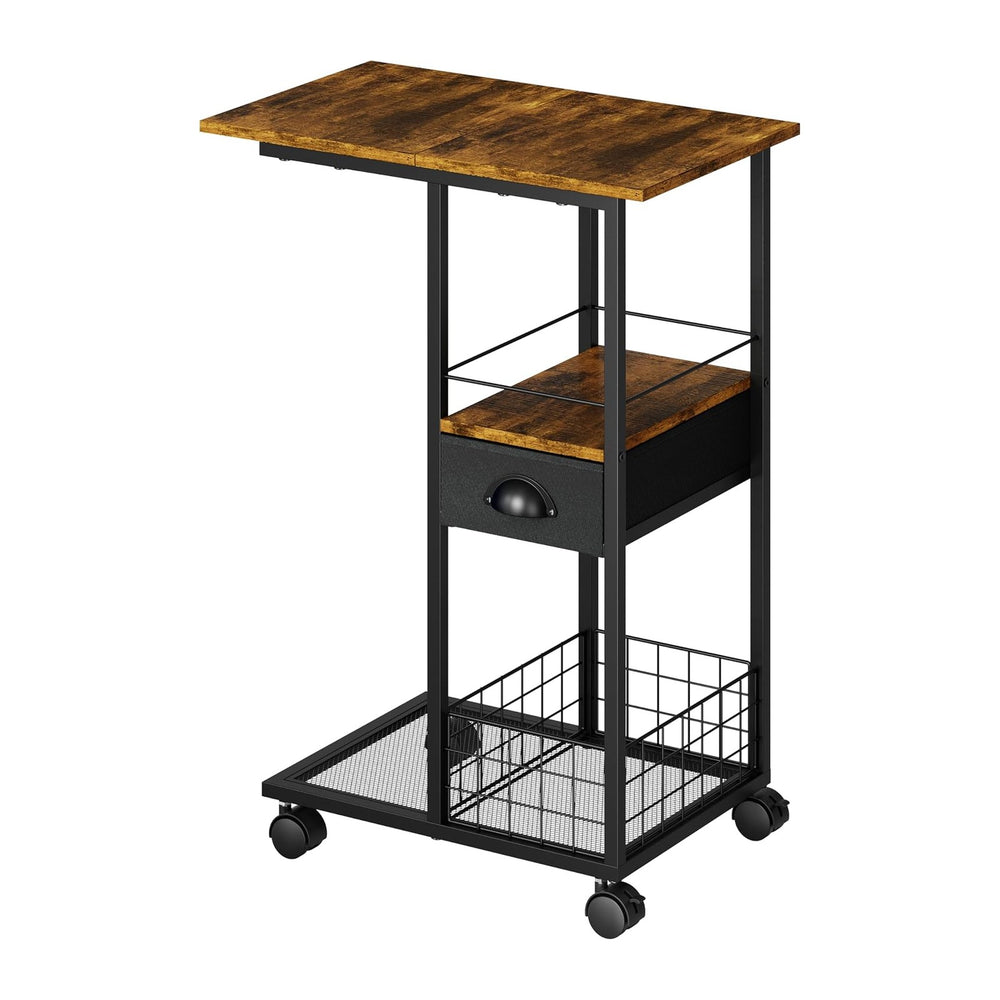 C Shaped Sofa Side Table with Wheels, Rolling Small Coffee Table with Drawer,...