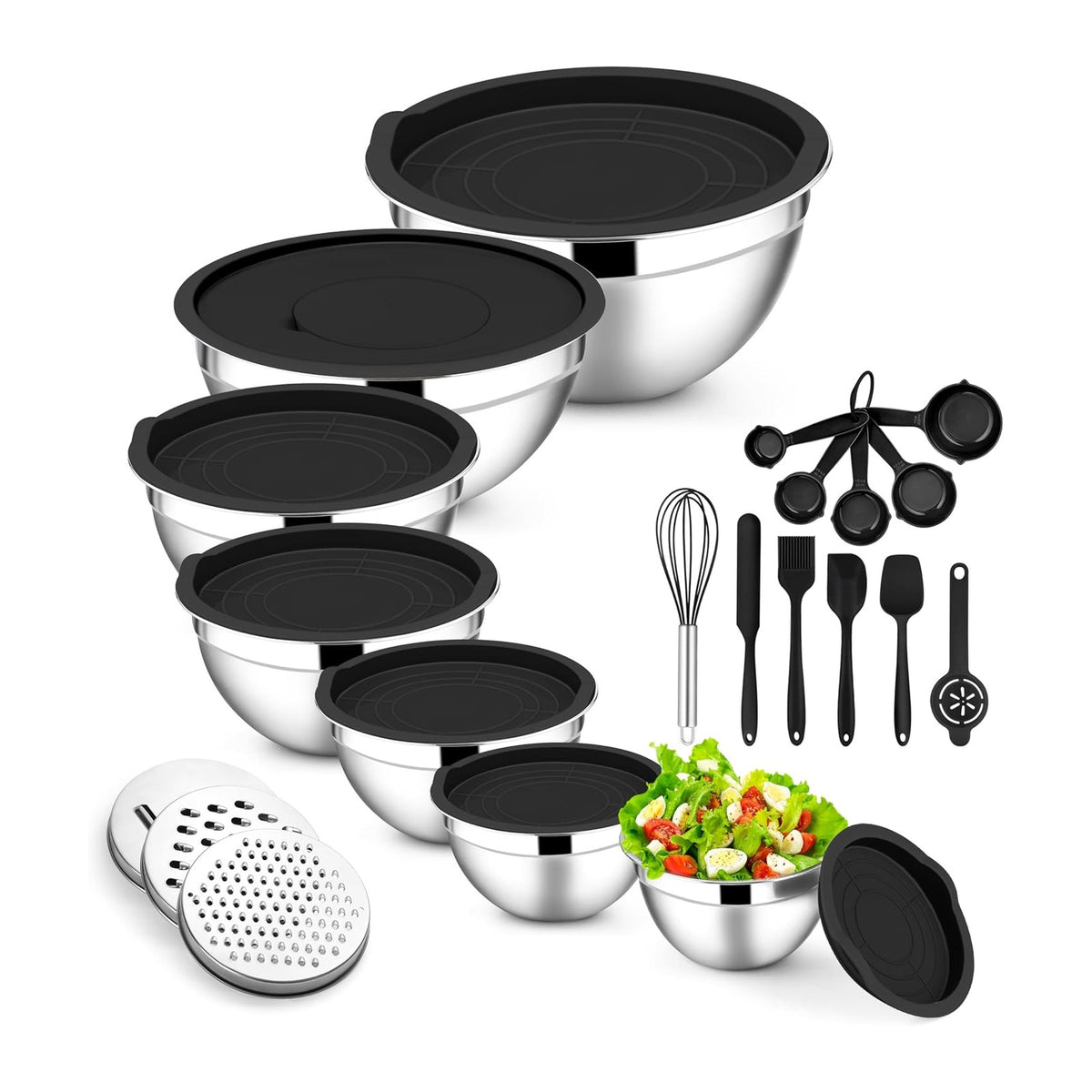 E-far Mixing Bowls with Lids Set, Size 7, Nesting Design & Black Airtight Lid
