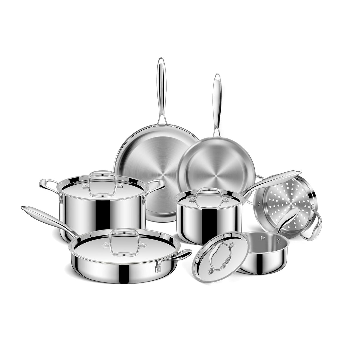 EWFEN Pots and Pans Set, 3 Ply 11 Piece Stainless Steel Cookware Set, Oven