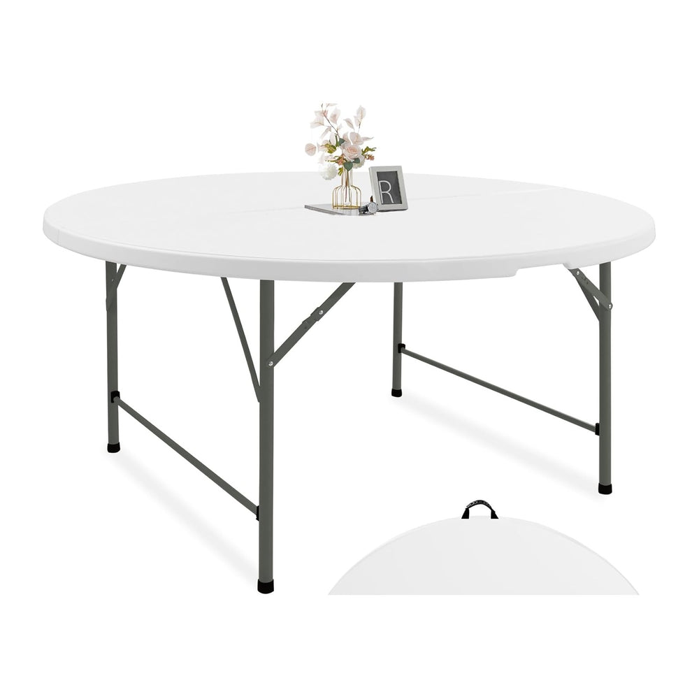 Fivenl 5 FT Round Folding Tables White Foldable Table, Fold-in-Half with Carr...