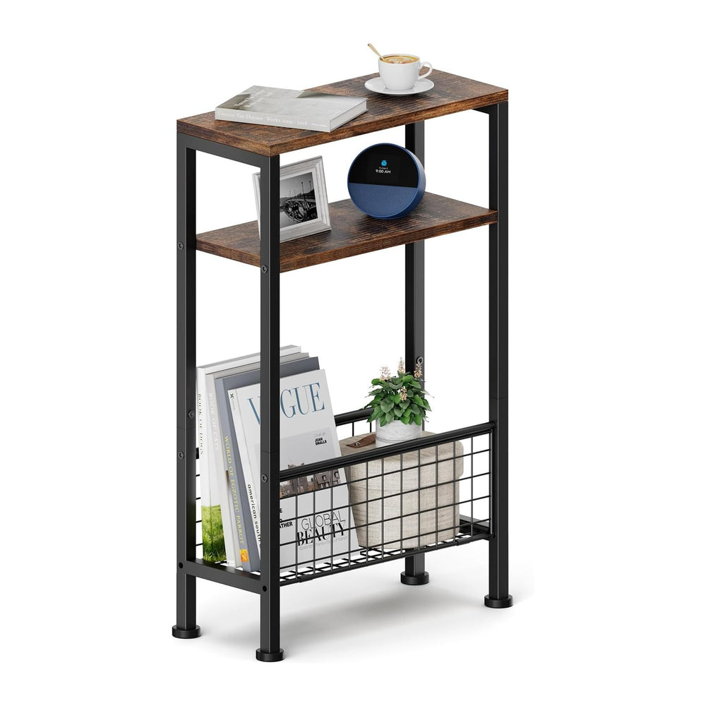 Karii Narrow Side Table, Skinny End Table for Small Spaces with Storage, 3-Ti...