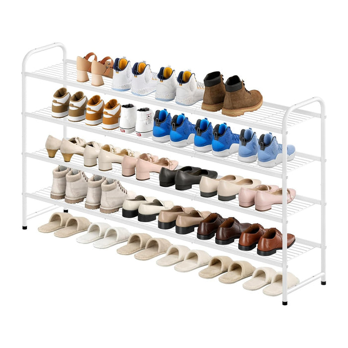 KEETDY 4-Tier Long Shoe Rack for Closet Floor, Wide Shoe Organizer Storage, Stackable Shoe Rack for Entryway Metal Shoe Shelf for 30 Pairs Men Sneakers with Wire Grid for Bedroom, White