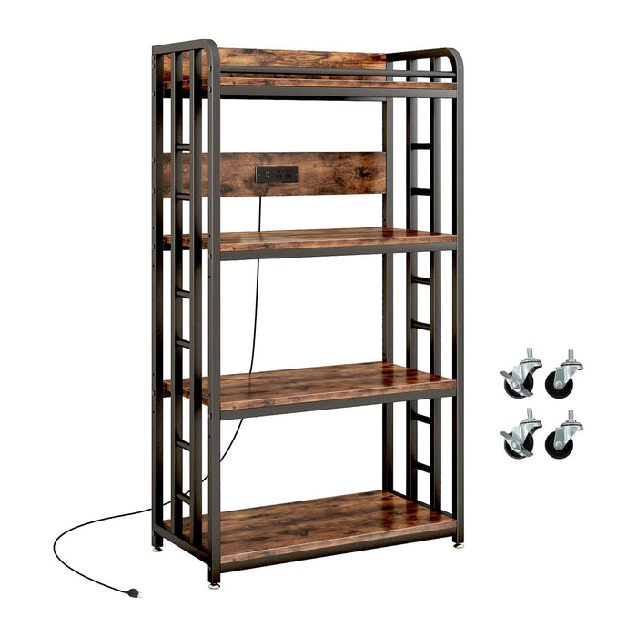 METYERRY Adjustable 4-Tier Heavy Duty Kitchen Baker's Rack with Power Outlet, with Industrial Wheels, Free Standing Microwave Oven Cart Stand for Storage in Living Room, Garage, Rustic Brown
