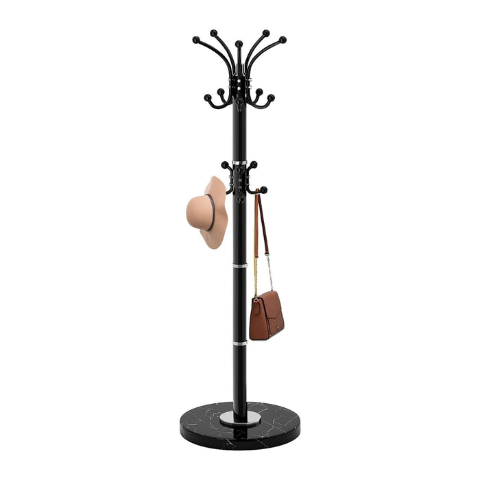Modern Metal Coat Rack Stand, Coat Rack Freestanding with Natural Marble Base, 360°Rotary Design Sturdy Coat Racks with 16 Hooks, White Coat Hall Tree Stand for Entryway (Black)