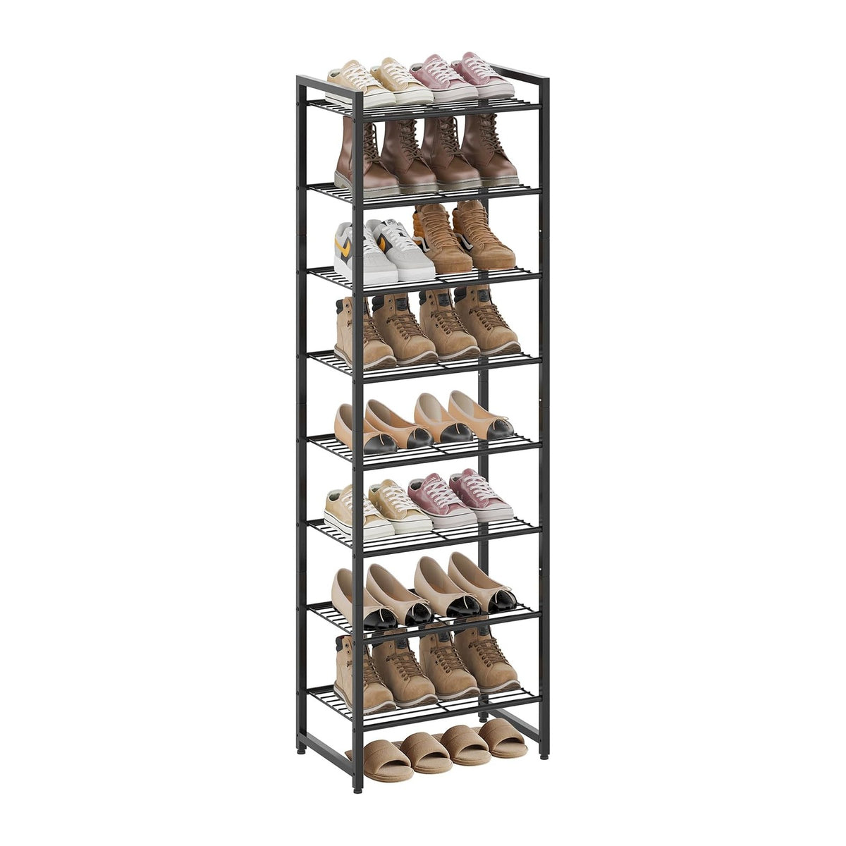 Nunsino Narrow Shoe Rack, 8-Tier Metal Shoe Organizer,Tall Shoe Shelf with Anti-Tip Strap, Max Holds 18 Pairs,Space Saving for Closet,Entryway,Black