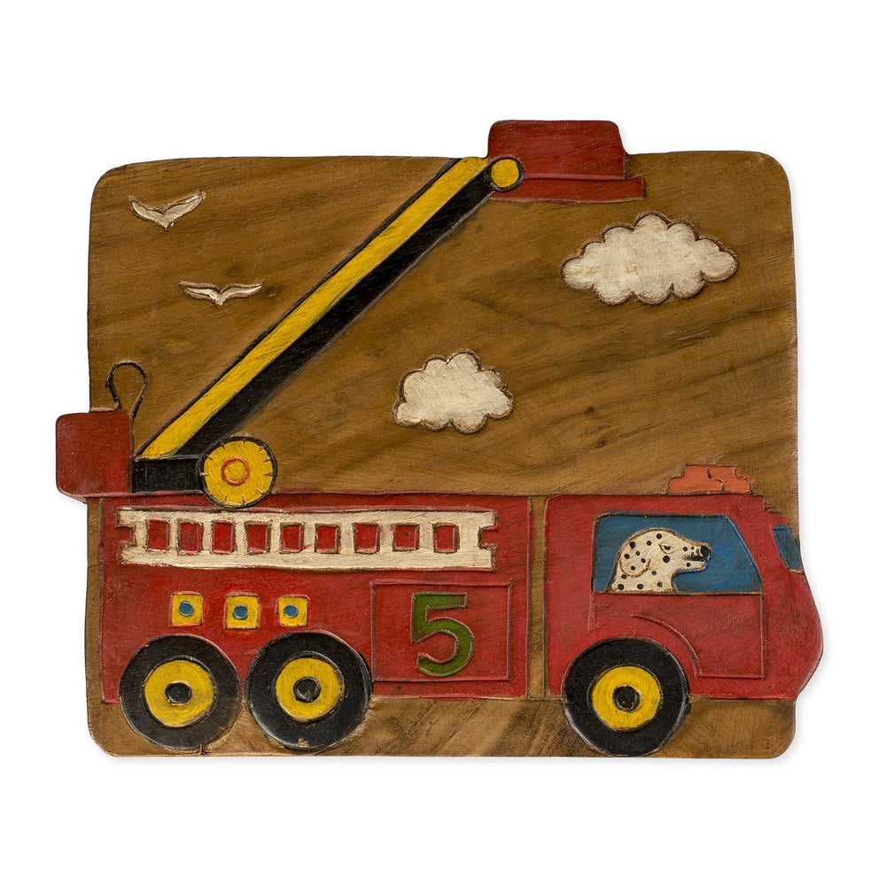 Sea Island Imports Red Fire Truck Design Hand Carved Acacia Hardwood Decorati...
