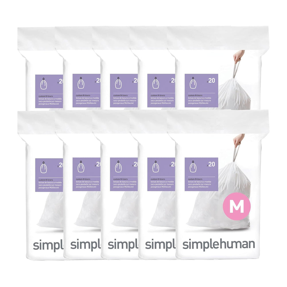 simplehuman Code M 200 Count Custom Fit Liners, Drawstring Kitchen Trash Bags