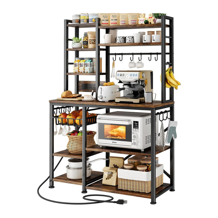 SNTD Baker Rack with Power Outlet - Microwave Stand with Storage, Large Coffee Bar Station with 14 Hooks, Metal Kitchen Shelf Rack for Spices, Pots (Rustic Brown) | with Power Outlet
