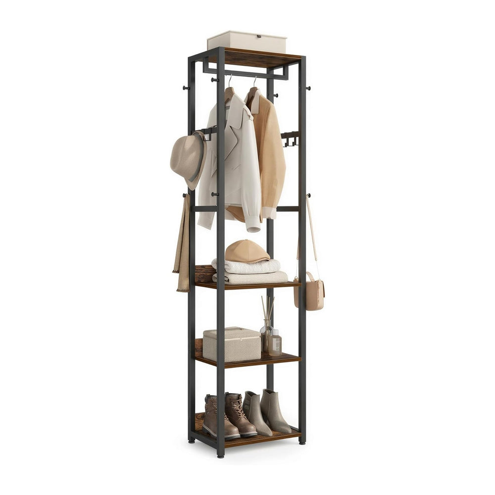 VASAGLE Coat Rack, Freestanding Hall Tree with Shelves, Hanging Rail, and Hoo...