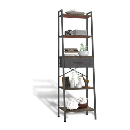 Whitmor 5-Tier Bookshelf with Drawer, Tall Narrow Bookcase with Wood Shelves & Metal Frame, Modern Display Storage Shelf for Living Room, Bedroom, Bathroom, Kitchen, Black