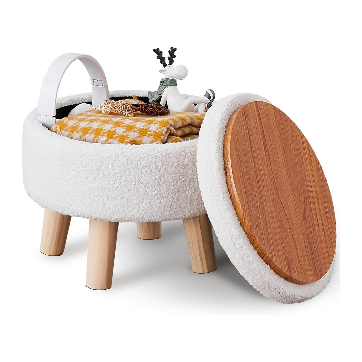 Wimarsbon Storage Ottoman, Modern Round Footrest with Soft Padded Seat, Teddy Velvet Footstool with Wood Legs, Accent Small Table or Plant Stand for Hallway, Living Room (Cream)